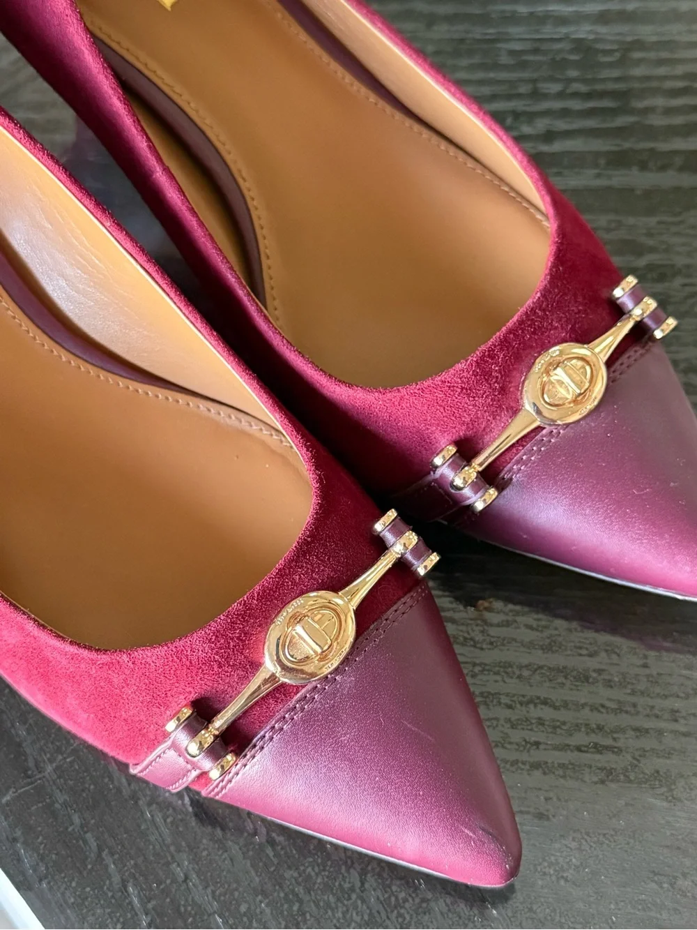 Coach Burgundy Pointed Toe Pumps with Gold Accent